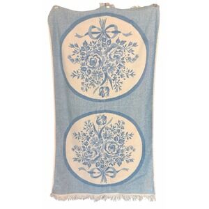 Vtg Blue Floral Bath Towel Cottagecore Shabby Chic Retro Granny 41.5x24.5